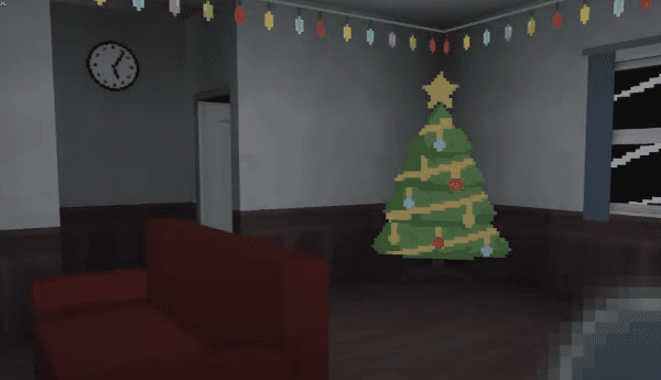 A dim room in the haunted toy house, lit around a decorated tree