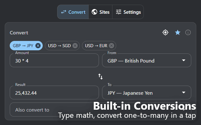OpenConvert popup converting GBP to JPY, accepting math in the amount field and converting one-to-many