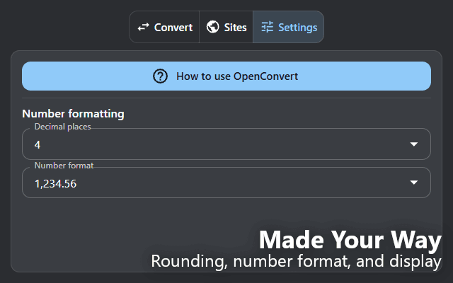 OpenConvert number formatting settings for decimal places and number format