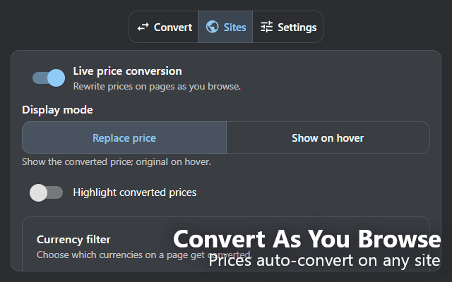 OpenConvert live price conversion settings for rewriting prices as you browse